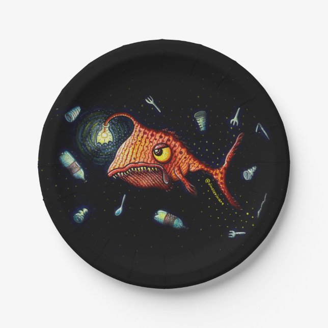 Funny Dark Anglerfish Against Plastic Pollution Paper Plates (Front)