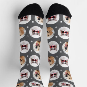Funny Dark Gray Custom 2 Pet Photo Paw Print Socks