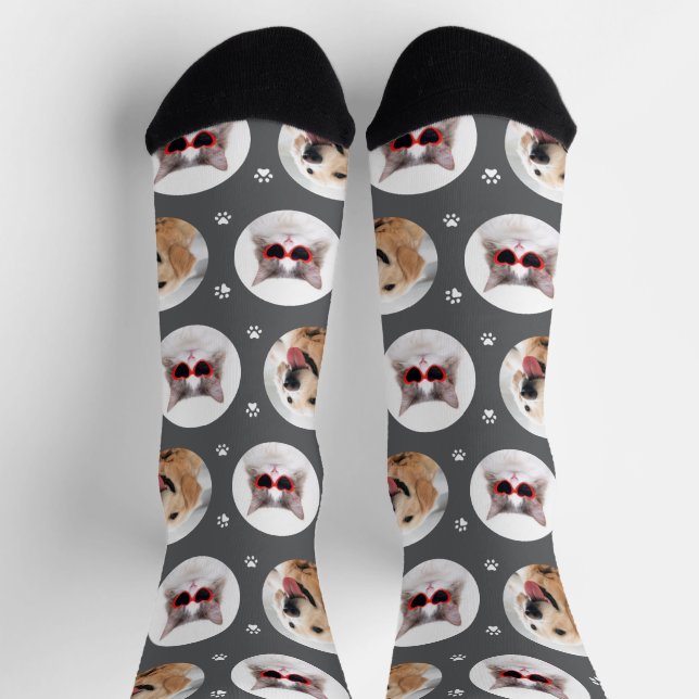 Funny Dark Gray Custom 2 Pet Photo Paw Print Socks (Top)