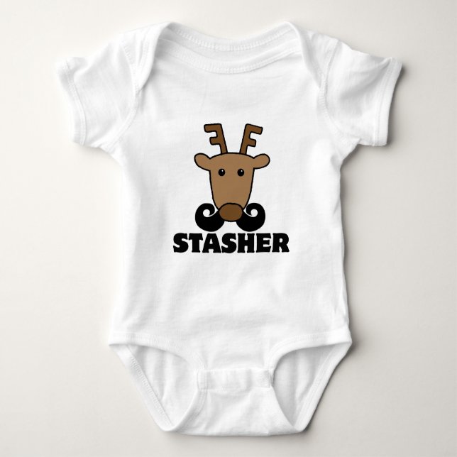 funny dasher stasher mustache reindeer baby bodysuit (Front)