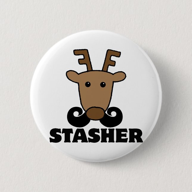 funny dasher stasher mustache reindeer pinback button (Front)