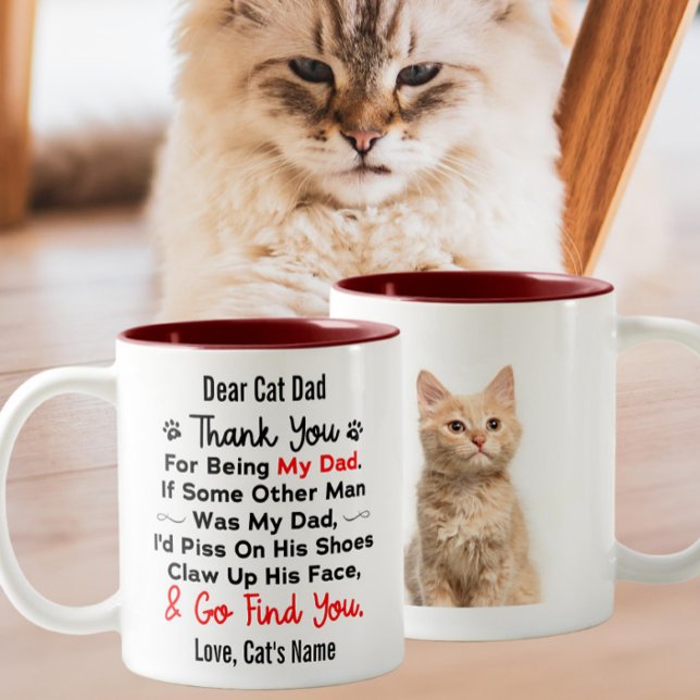 funny Dear cat Dad | Custom cat's photo & name Two-Tone Coffee Mug (Creator Uploaded)