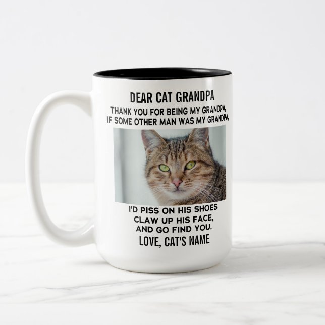Funny Dear Cat Grandpa | Custom Cat's Photo & Name Two-Tone Coffee Mug (Left)