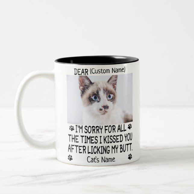 funny Dear cat , Personalized cat's photo and name Two-Tone Coffee Mug (Left)