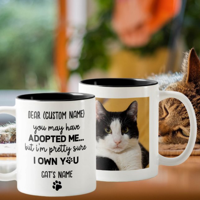 Funny Dear Cat Saying | Custom Cat's Photo & Name Two-Tone Coffee Mug (Creator Uploaded)