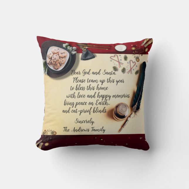 Funny "Dear God and Santa" Note and Quill Pen Throw Pillow (Front)