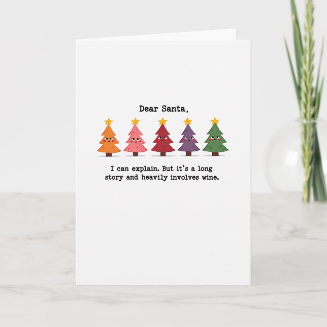 Funny Dear Santa Wine Card Colorful Trees Naughty  (Front)