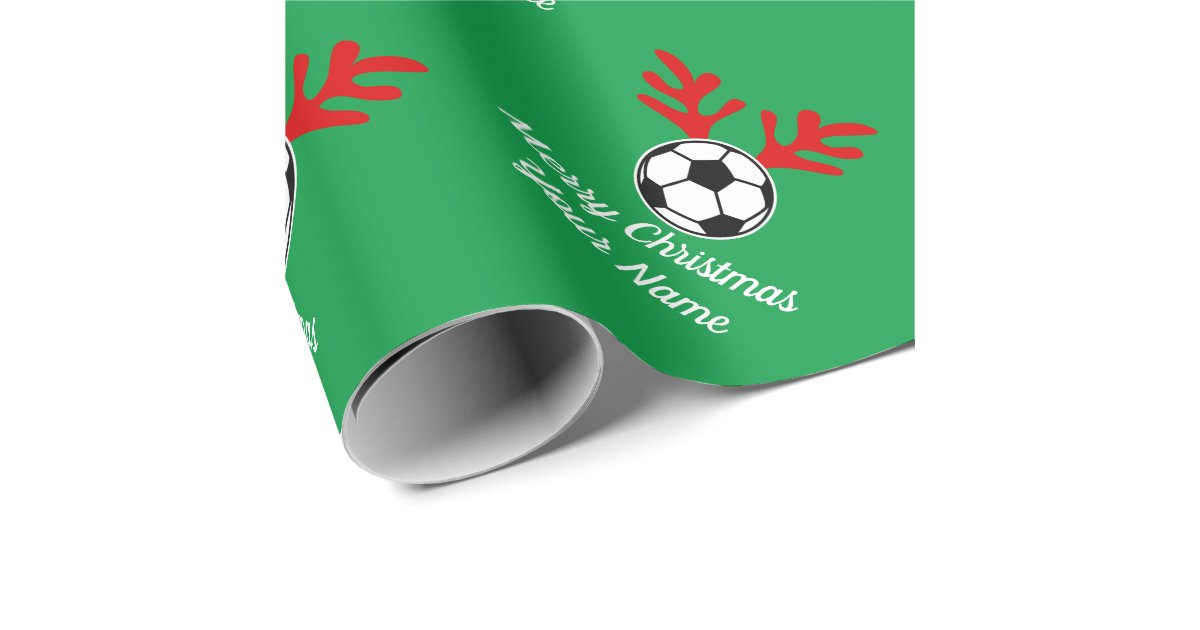 Soccer Football Balls Kids Name Red Christmas Wrapping Paper