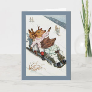 Funny Deer Boar and Bunny Go Sledding Holiday Card
