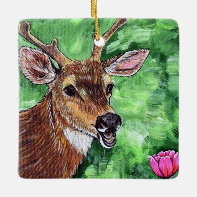 Funny Deer Painting Ceramic Ornament (Front)
