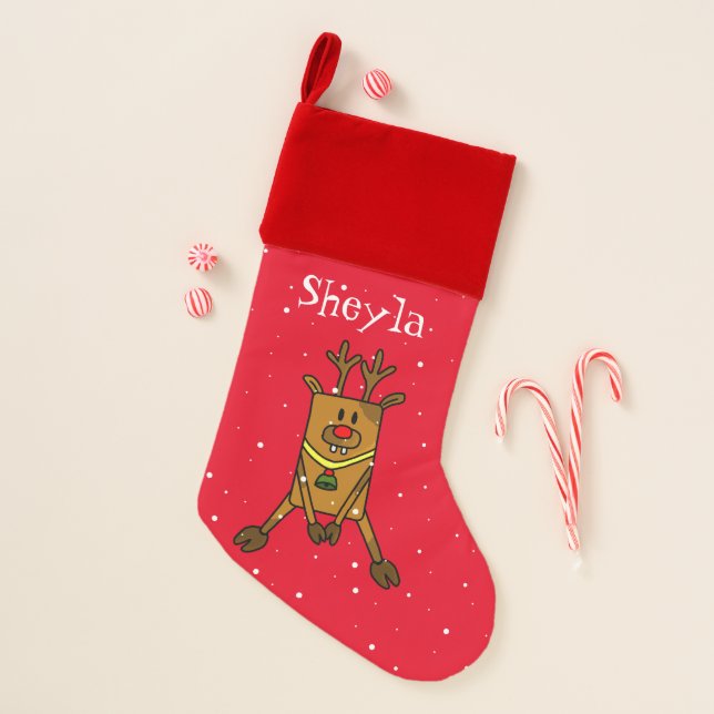 Funny Deer Red Snowflakes Holiday Kids Name Christmas Stocking (Front)