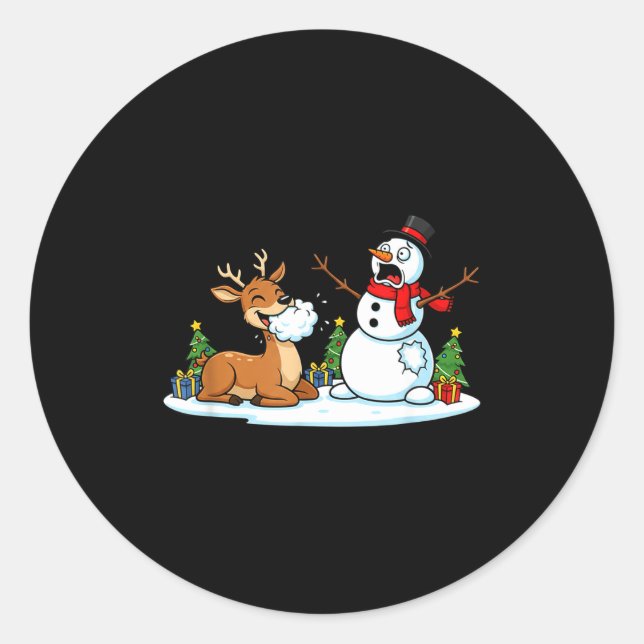 Funny Deer Snowman Christmas Tree Xmas Womens Mens Classic Round Sticker (Front)