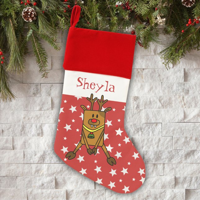 Funny Deer White Stars Holiday Kids Name Christmas Stocking (Creator Uploaded)