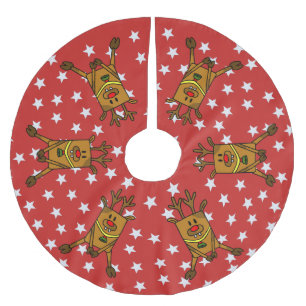 Funny Deer White Stars on Red Brushed Polyester Tr Brushed Polyester Tree Skirt