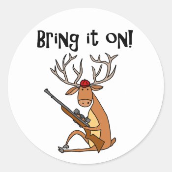Funny Deer With Hunting Rifle And Cap Classic Round Sticker by naturesmiles at Zazzle
