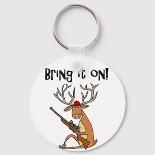 Funny Deer with Hunting Rifle and Cap Keychain