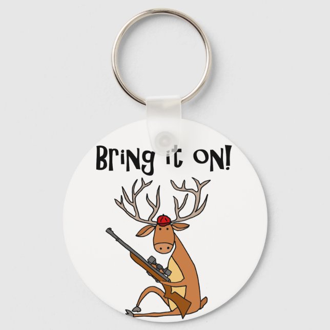 Funny Deer with Hunting Rifle and Cap Keychain (Front)