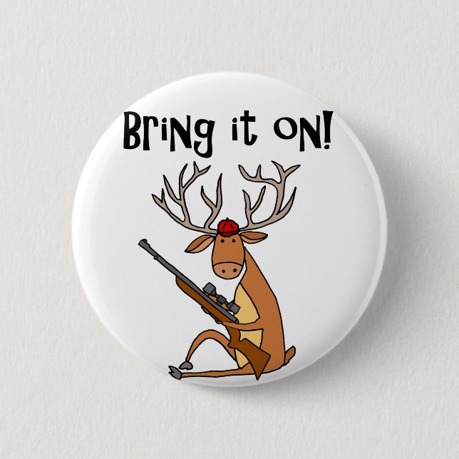Funny Deer with Hunting Rifle and Cap Pinback Button (Front)