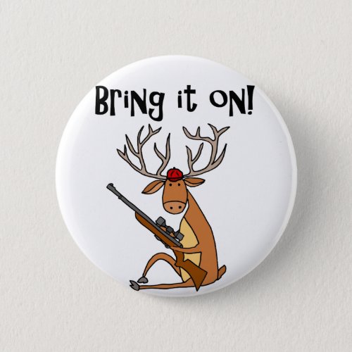 Funny Deer with Hunting Rifle and Cap Pinback Button