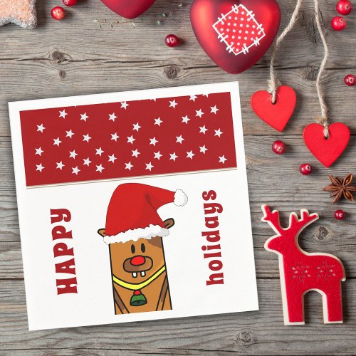 Funny Deer with Santa Hat Red Nose Star Pattern Napkins