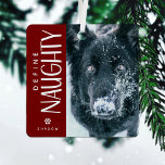 Funny Define Naughty Pet Photo Keepsake Gift Metal Ornament<br><div class="desc">This funny photo keepsake christmas ornament would make the perfect gift for a pet owner this holiday season! Design features a photograph of your choice,  the fun typography Define Naughty,  a cute pawprint and the pets name/s. The festive dark red background can be changed to any color.</div>