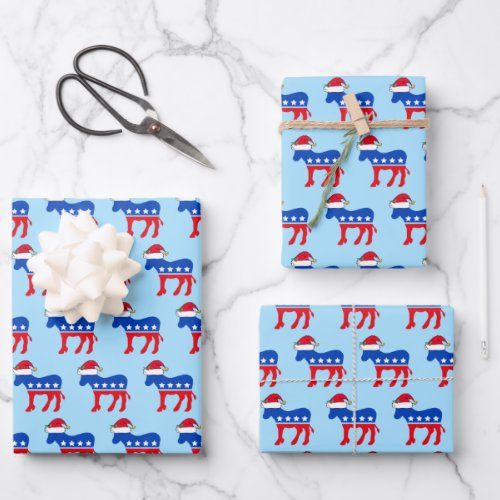 Funny Democrat Donkey in Santa Hat Blue Christmas Wrapping Paper Sheets