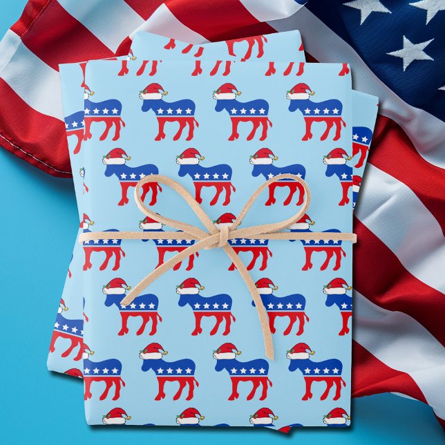 Funny Democrat Donkey in Santa Hat Blue Christmas Wrapping Paper Sheets (Creator Uploaded)