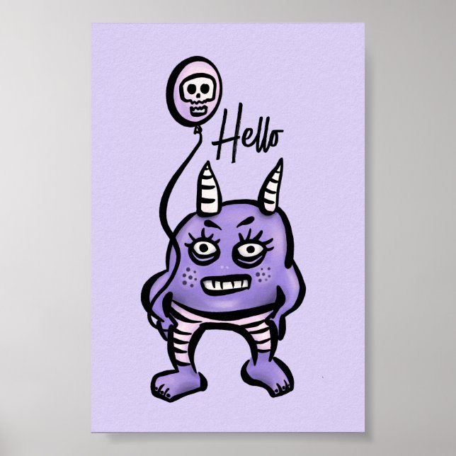 Funny Demon Hello Purple Cute Pastel Whimsigoth Poster (Front)
