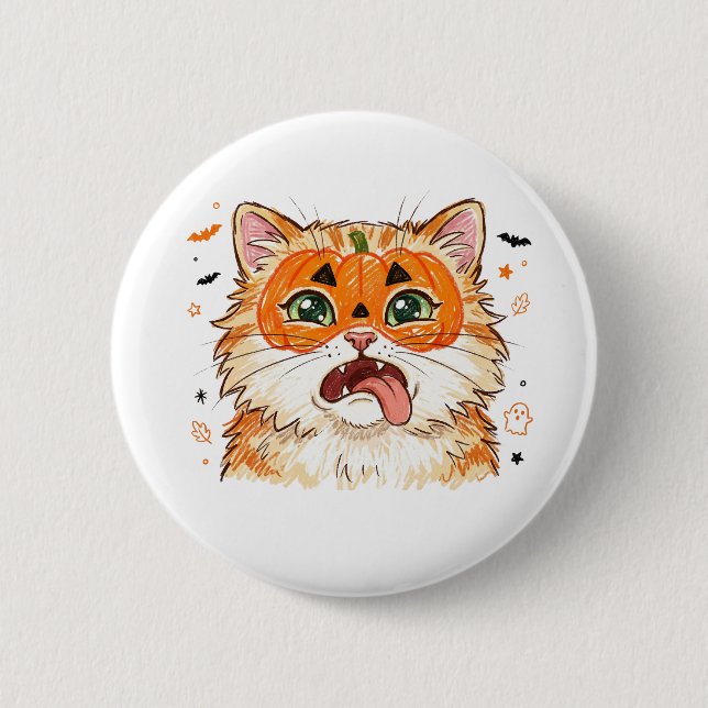 Funny Derpy Halloween Cat with Pumpkin Face Paint  Button (Front)