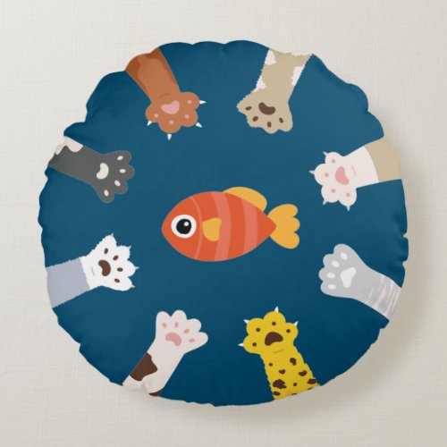 Funny Design Cats Game To Catch Fish Classic Round Pillow