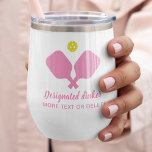 Funny Designated Dinker Custom Pickleball Pink Thermal Wine Tumbler<br><div class="desc">Who's your designated dinker? Funny wine tumbler features crossed Pickleball Paddles, a ball and 2 lines of personalized text. Perfect as a club or tournament award, gift for your pickleball bestie friends, a pickleball trip memento, drink ware for apres pickleball gatherings and just everyday pickleball fun! Easily change the paddle,...</div>