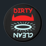 Funny Devil Angel Dirty Clean Round Dishwasher Magnet<br><div class="desc">Featuring cartoon red devil's horns for Dirty and a light blue halo for Clean, this cute funny Christian-themed clean-dirty humorous dishwasher magnet, is perfect for the church kitchen, or your own! Makes a neat gift for your pastor or a Christian friend! May have special appeal to churchgoers for use in...</div>