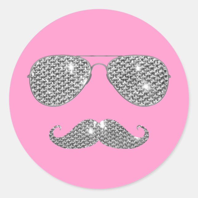 Funny Diamond Mustache With Glasses Classic Round Sticker (Front)
