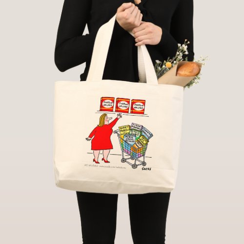 Funny Dieter at Supermarket Cartoon Grocery  Large Tote Bag