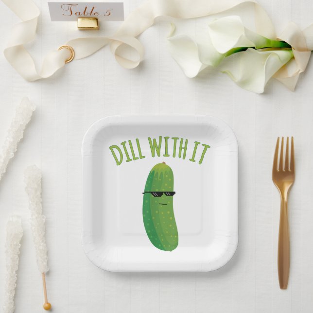 Funny Dill with It Pickle Pun Paper Plates (Wedding)