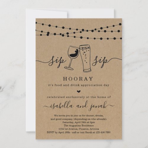 Funny Dinner Party Invitation - Sip Sip Hooray!  Hand-drawn wine and beer toast artwork on a wonderfully rustic kraft background for your fun dinner party invitations.

Coordinating RSVP, Details, Thank You cards and other items are available in the 'Rustic Brewery / Winery Line Art' Collection within my store.