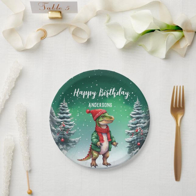Funny Dino Christmas tree birthday boys snow party Paper Plates (Wedding)