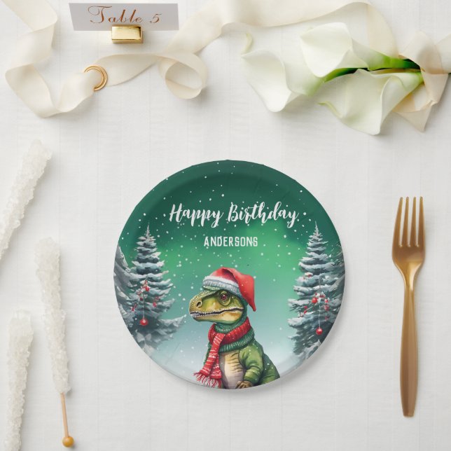 Funny Dino Christmas tree birthday boys snow party Paper Plates (Wedding)