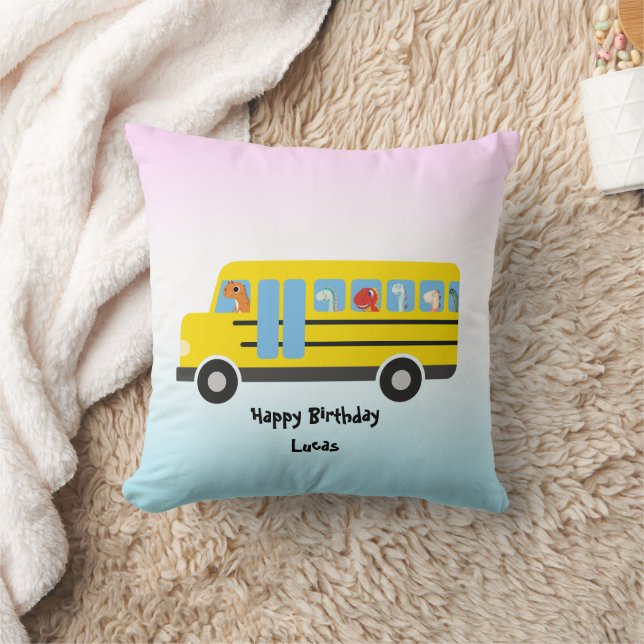 Funny DINO dinosaur School Bus boy Birthday Throw Pillow (Blanket)
