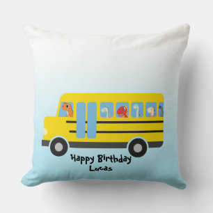 Funny DINO dinosaur School Bus boy Birthday Throw Pillow