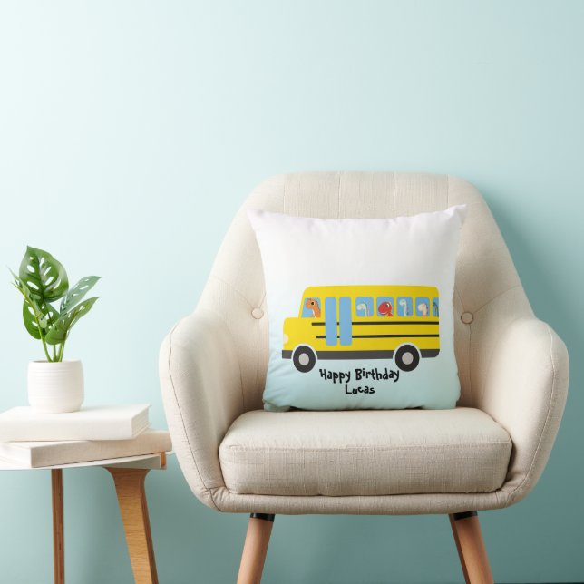 Funny DINO dinosaur School Bus boy Birthday Throw Pillow (Chair)