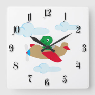 Funny dino flying by plane square wall clock