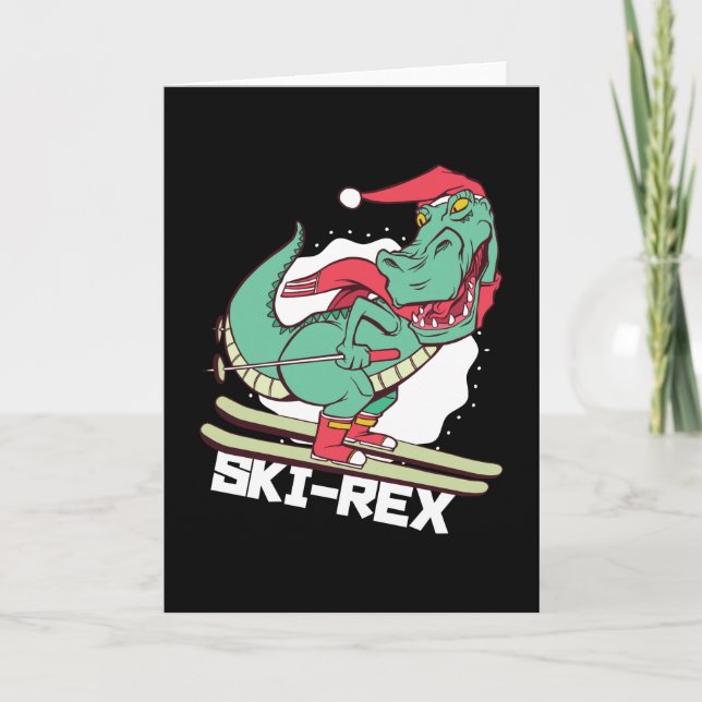 Funny Dino Ski Rex Skiing Christmas Gift Card (Front)