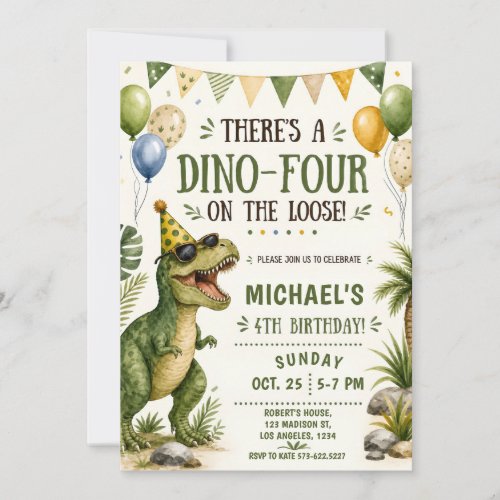 Funny Dinosaur 4th Birthday - Dino Four Birthday Invitation