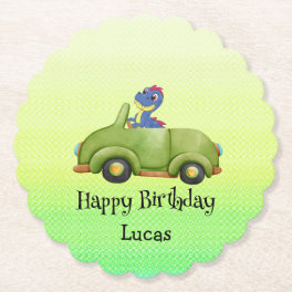 Funny dinosaur antique car birthday School boy Paper Coaster