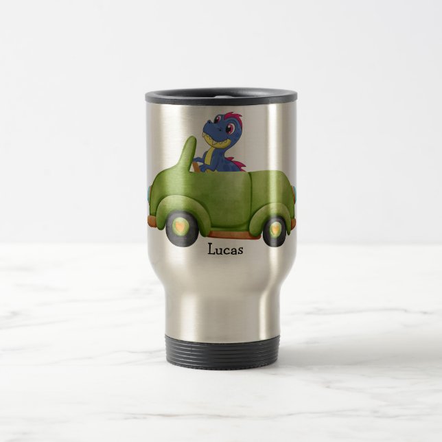 Funny dinosaur antique car birthday School boy Travel Mug (Center)