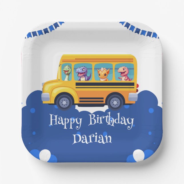 Funny dinosaur Back To School Bus Balloon Birthday Paper Plates (Front)