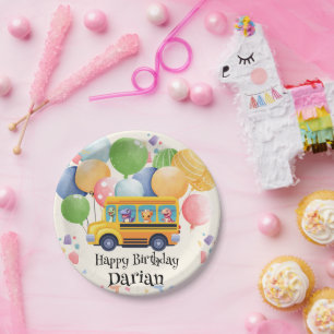 Funny dinosaur Back To School Bus Balloon Birthday Paper Plates