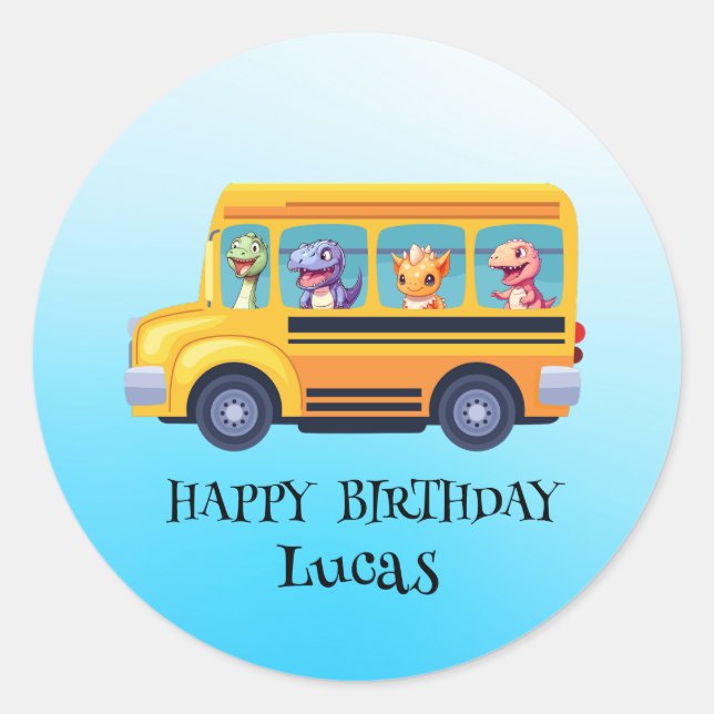 Funny dinosaur Back To School Bus boy Birthday  Classic Round Sticker (Front)