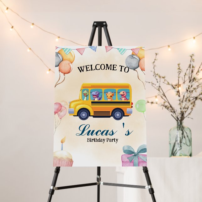 Funny dinosaur Back To School Bus boy Birthday  Foam Board (In Situ (Stand))